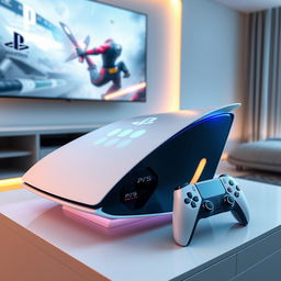 A futuristic and sleek design of the PS5 Pro 2024, showcasing a cutting-edge console with a streamlined shape and advanced technological detailing