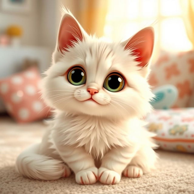 A cute, fluffy cat with soft white fur and a gentle expression