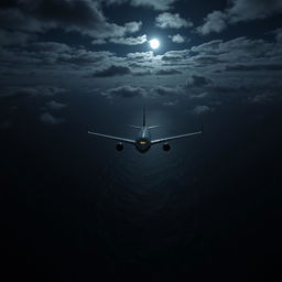 A Boeing 747 flying over the ocean at night, viewed from above