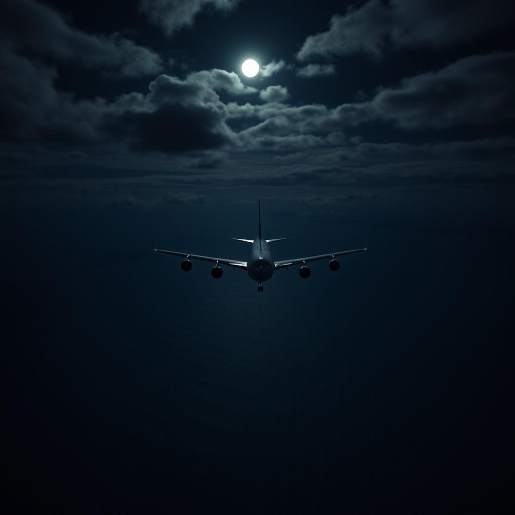 A Boeing 747 flying over the ocean at night, viewed from above