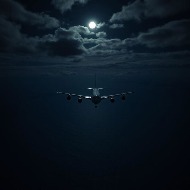 A Boeing 747 flying over the ocean at night, viewed from above