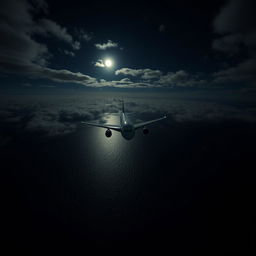 A Boeing 747 flying over the ocean at night, viewed from above