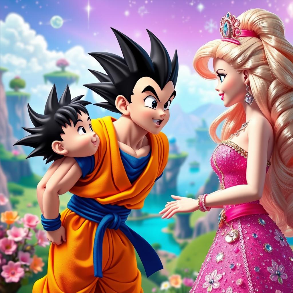 Young Son Goku from Dragon Ball meeting Barbie for the first time in a vibrant and magical setting