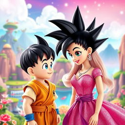 Young Son Goku from Dragon Ball meeting Barbie for the first time in a vibrant and magical setting