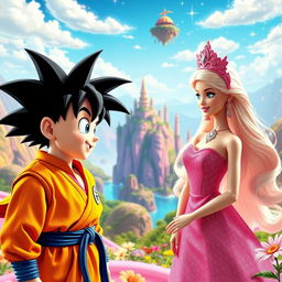 Young Son Goku from Dragon Ball meeting Barbie for the first time in a vibrant and magical setting