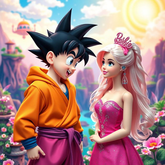 Young Son Goku from Dragon Ball meeting Barbie for the first time in a vibrant and magical setting