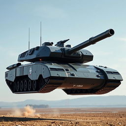 A Ukrainian T-80 tank, depicted as a futuristic flying tank, hovering above the ground with advanced anti-gravity thrusters