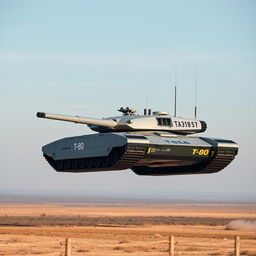 A Ukrainian T-80 tank, depicted as a futuristic flying tank, hovering above the ground with advanced anti-gravity thrusters