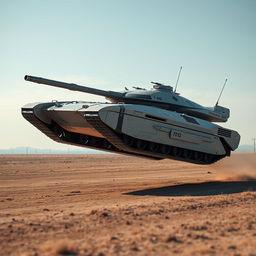 A Ukrainian T-80 tank, depicted as a futuristic flying tank, hovering above the ground with advanced anti-gravity thrusters