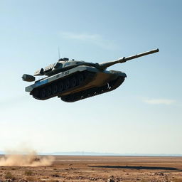 A Ukrainian T-80 tank, depicted as a futuristic flying tank, hovering above the ground with advanced anti-gravity thrusters