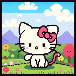 A pixel art depiction of a cute cartoon cat character with a resemblance to Hello Kitty