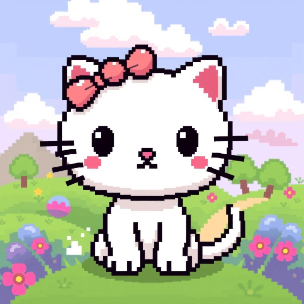 A pixel art depiction of a cute cartoon cat character with a resemblance to Hello Kitty