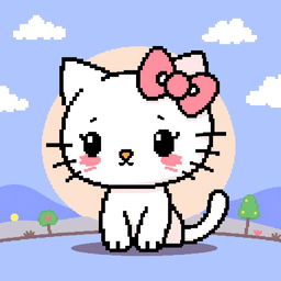 A pixel art depiction of a cute cartoon cat character with a resemblance to Hello Kitty