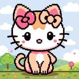 A pixel art depiction of a cute cartoon cat character with a resemblance to Hello Kitty