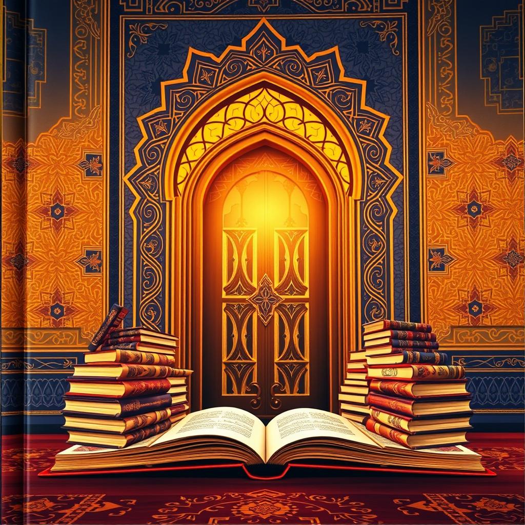 A captivating book cover featuring an elegant mosque door as the central focus, framed by intricate Islamic geometric patterns in the background