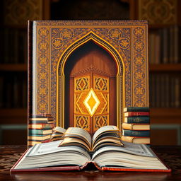 A captivating book cover featuring an elegant mosque door as the central focus, framed by intricate Islamic geometric patterns in the background