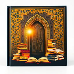 A captivating book cover featuring an elegant mosque door as the central focus, framed by intricate Islamic geometric patterns in the background