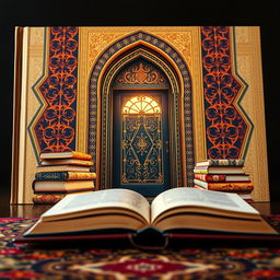 A captivating book cover featuring an elegant mosque door as the central focus, framed by intricate Islamic geometric patterns in the background