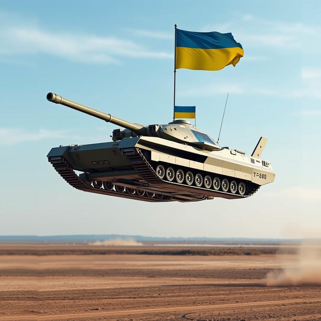 A Ukrainian T-80 tank, depicted as a futuristic flying drone tank, hovering above the ground with advanced anti-gravity thrusters