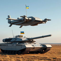 A Ukrainian T-80 tank, depicted as a futuristic flying drone tank, hovering above the ground with advanced anti-gravity thrusters