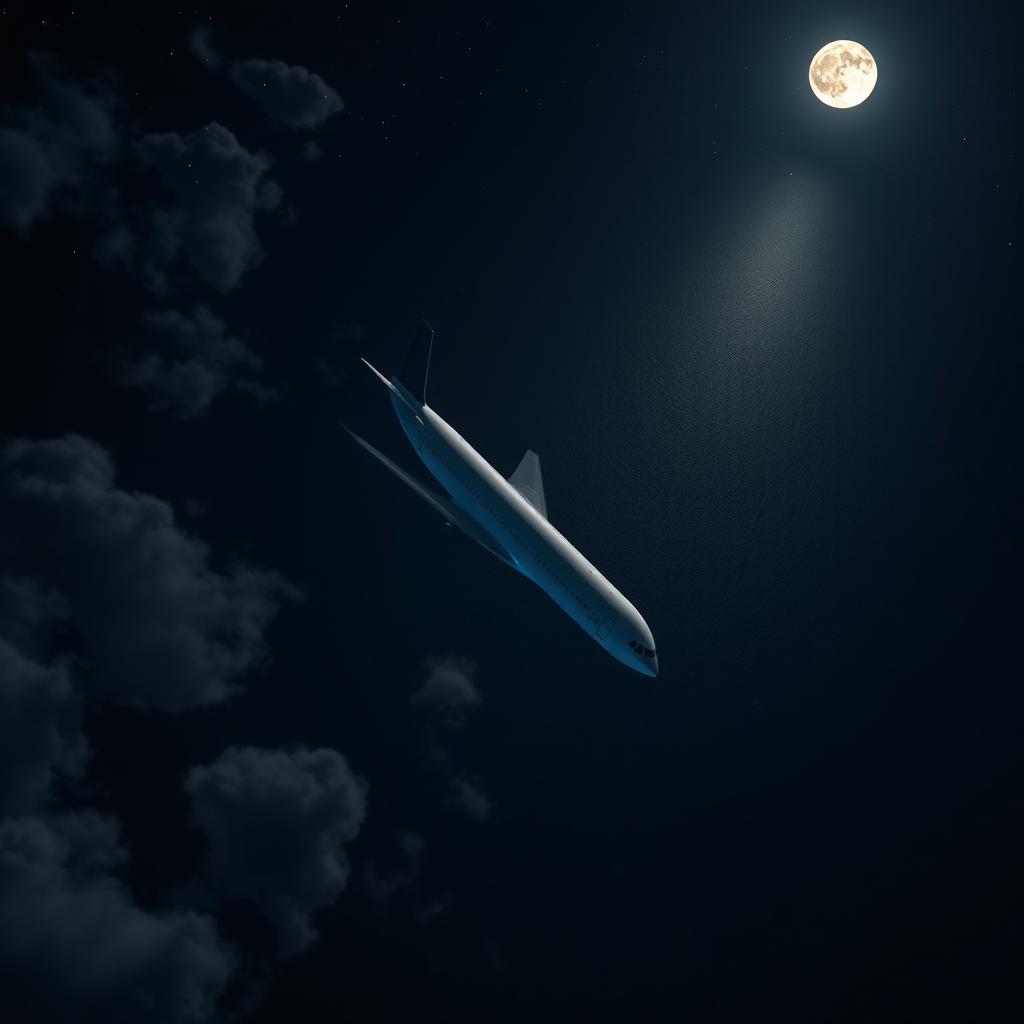 A modern commercial airplane soaring over the ocean at night, captured from an overhead perspective