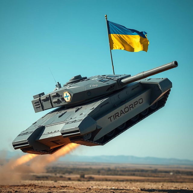 A Ukrainian T-80 tank, depicted as a futuristic flying drone tank, hovering above the ground with advanced anti-gravity thrusters