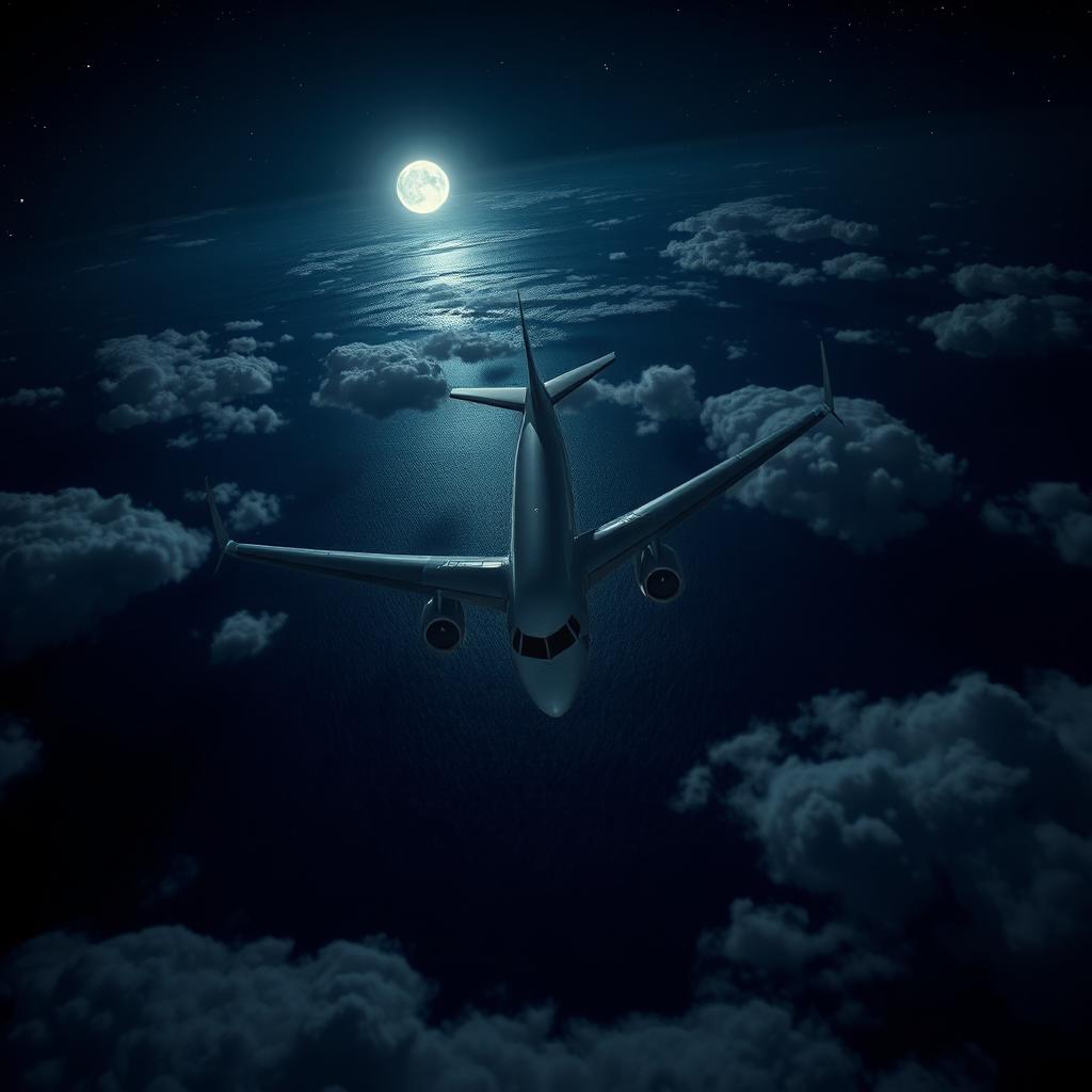A modern commercial airplane soaring over the ocean at night, captured from an overhead perspective