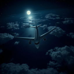A modern commercial airplane soaring over the ocean at night, captured from an overhead perspective