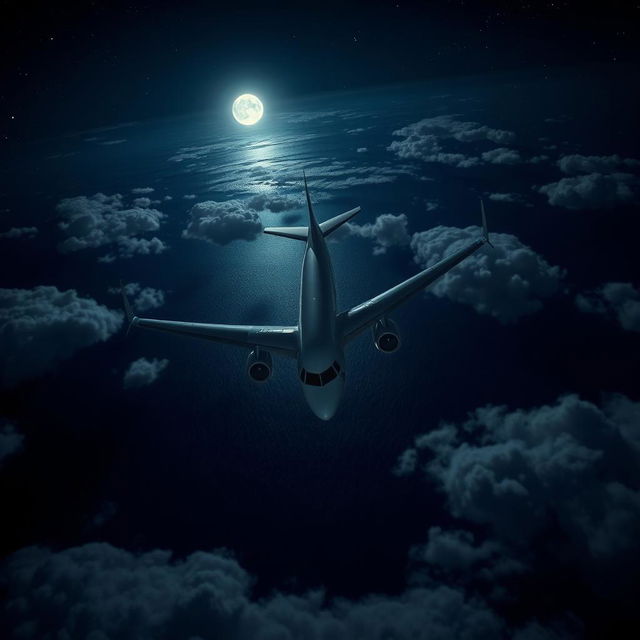 A modern commercial airplane soaring over the ocean at night, captured from an overhead perspective