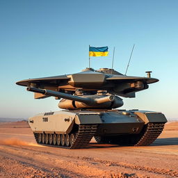 A Ukrainian T-80 tank, depicted as a futuristic flying drone tank, hovering above the ground with advanced anti-gravity thrusters