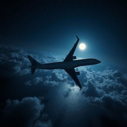 A modern commercial airplane soaring over the ocean at night, captured from an overhead perspective