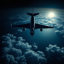 A modern commercial airplane soaring over the ocean at night, captured from an overhead perspective