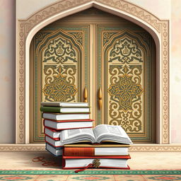 A beautiful and serene book cover set in an Islamic theme, featuring an elegant illustration of traditional books stacked neatly alongside grand mosque doors