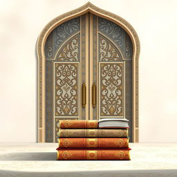 A beautiful and serene book cover set in an Islamic theme, featuring an elegant illustration of traditional books stacked neatly alongside grand mosque doors