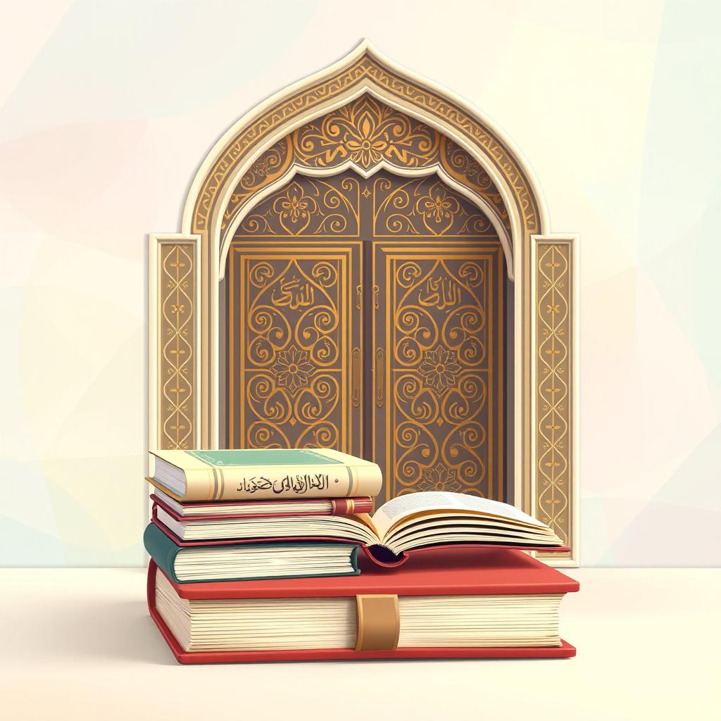 A beautiful and serene book cover set in an Islamic theme, featuring an elegant illustration of traditional books stacked neatly alongside grand mosque doors