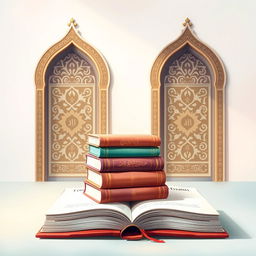 A beautiful and serene book cover set in an Islamic theme, featuring an elegant illustration of traditional books stacked neatly alongside grand mosque doors