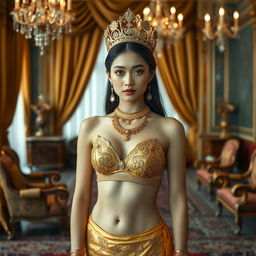 A 19-year-old beautiful young woman with an ideal, proportional body, portraying the role of a Javanese queen