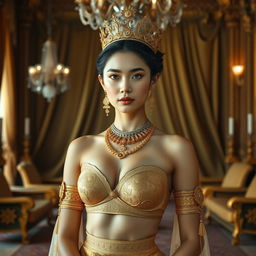 A 19-year-old beautiful young woman with an ideal, proportional body, portraying the role of a Javanese queen