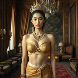 A 19-year-old beautiful young woman with an ideal, proportional body, portraying the role of a Javanese queen