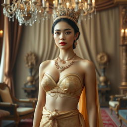 A 19-year-old beautiful young woman with an ideal, proportional body, portraying the role of a Javanese queen