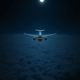 A commercial airplane soaring majestically over a vast, serene ocean under the night sky