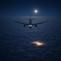 A commercial airplane soaring majestically over a vast, serene ocean under the night sky