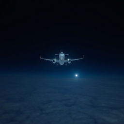 A commercial airplane soaring majestically over a vast, serene ocean under the night sky