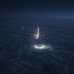 A commercial airplane soaring majestically over a vast, serene ocean under the night sky