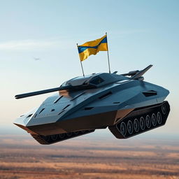 A Ukrainian T-80 drone-tank, designed with stealth technology, depicted as a futuristic flying tank, hovering above the ground with advanced anti-gravity thrusters