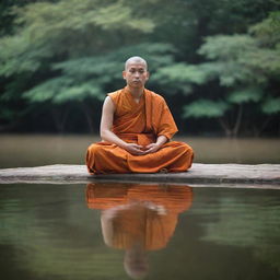 A monk sitting serenely as if floating in mid-air, surrounded by an aura of peace and tranquility.