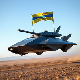 A Ukrainian T-80 drone-tank, designed with stealth technology, depicted as a futuristic flying tank, hovering above the ground with advanced anti-gravity thrusters