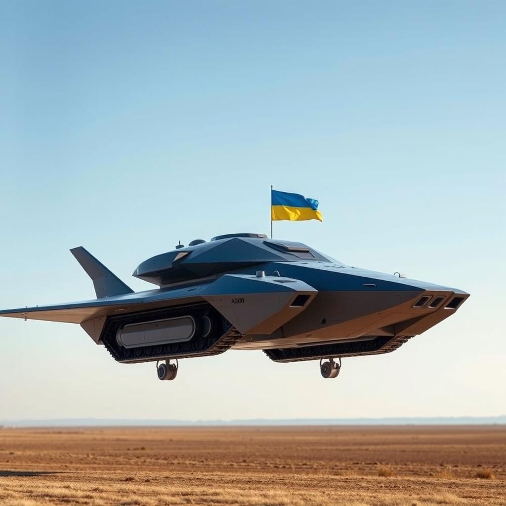 A Ukrainian T-80 drone-tank, designed with stealth technology, depicted as a futuristic flying tank, hovering above the ground with advanced anti-gravity thrusters