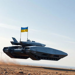 A Ukrainian T-80 drone-tank, designed with stealth technology, depicted as a futuristic flying tank, hovering above the ground with advanced anti-gravity thrusters