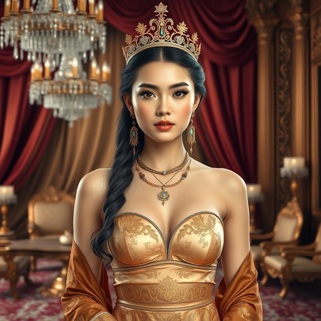 A 19-year-old beautiful young woman with an ideal, proportional body, portraying the role of a Javanese queen